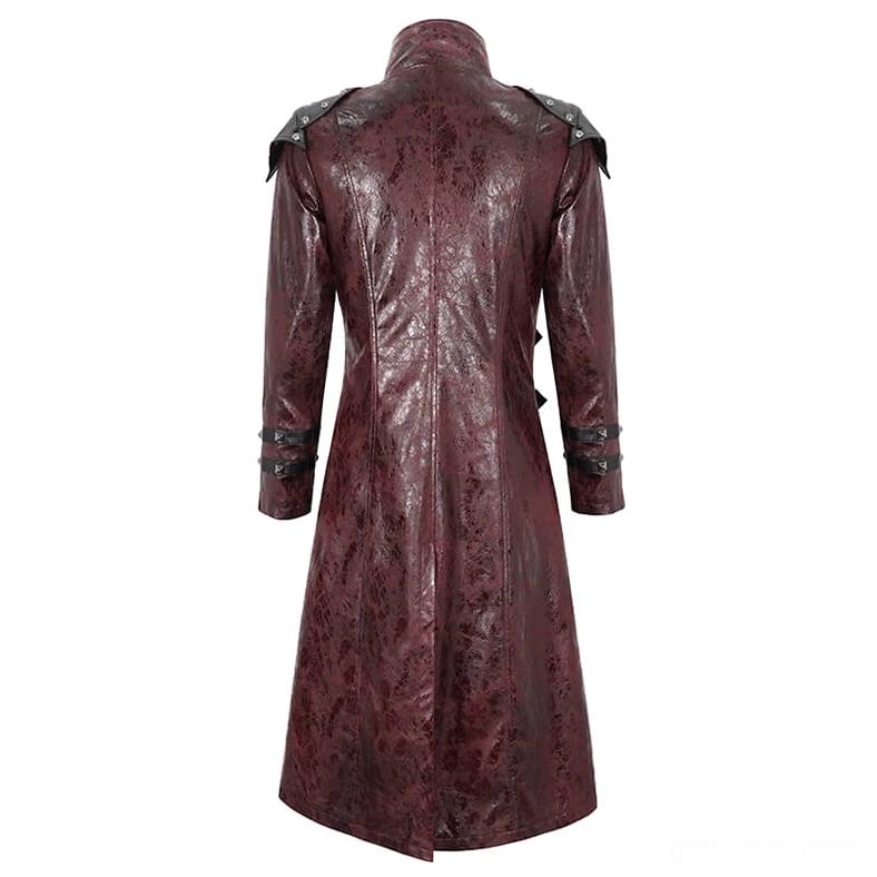 Dark burgundy punk trench coat rear full view with structured high collar and studs detail