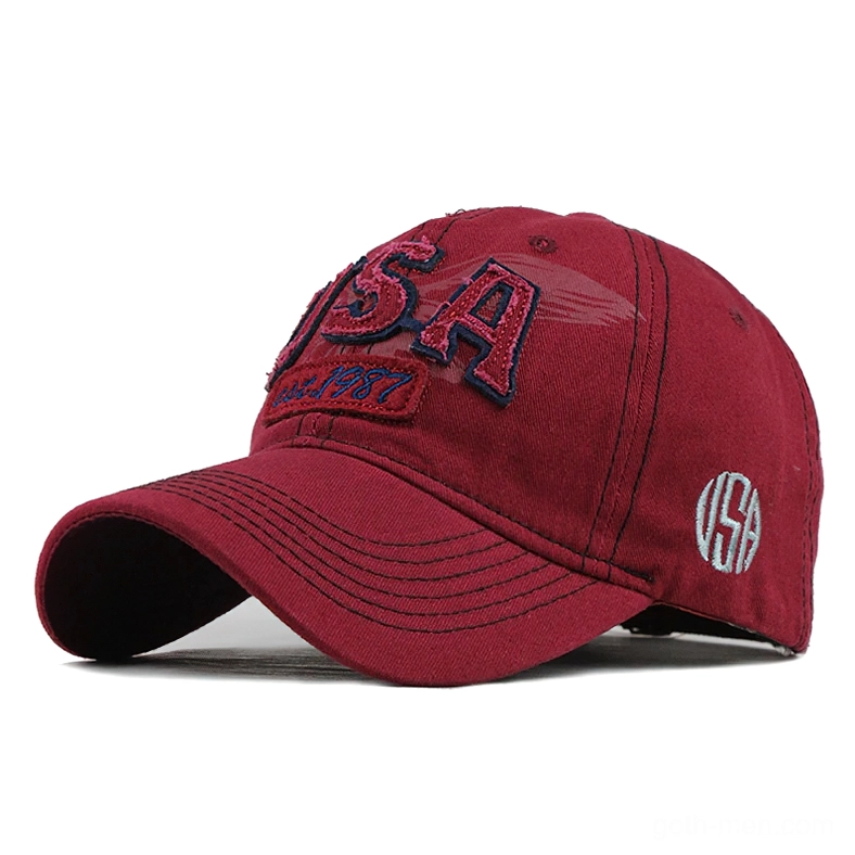 Burgundy red vintage baseball cap with USA lettering and est.1987 tag, side embroidered logo detail