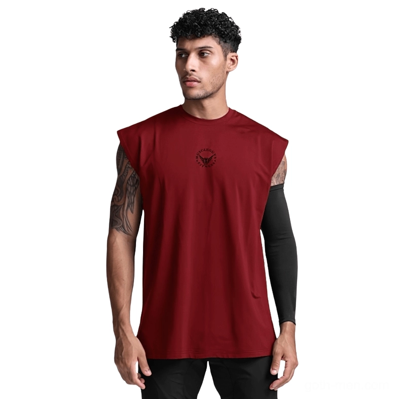 Burgundy red gothic mesh tank top sleeveless shirt for men with chest print, front model view