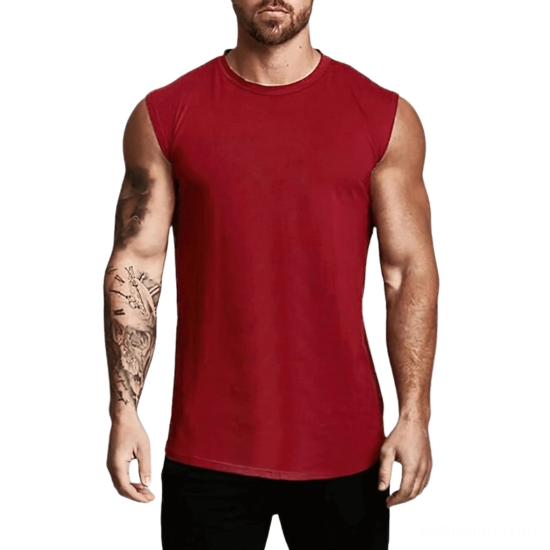 Burgundy red gothic tank top for men, vampire-inspired sleeveless crew neck, front facing