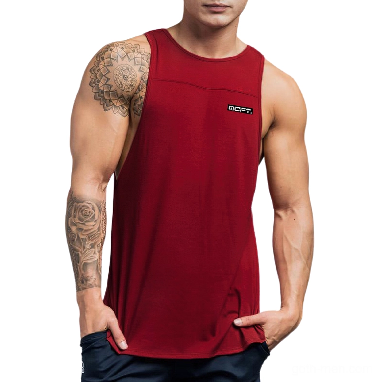 Burgundy red gothic tank top for men with wide armholes front view