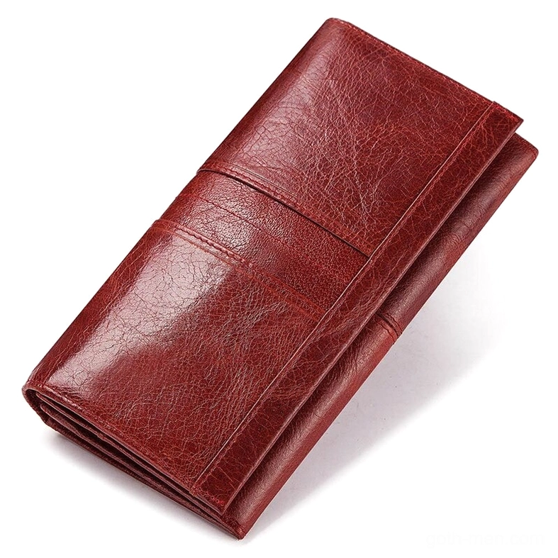 Burgundy red cracked genuine leather gothic long wallet clutch in front view, showing foldable design and cracked texture finish