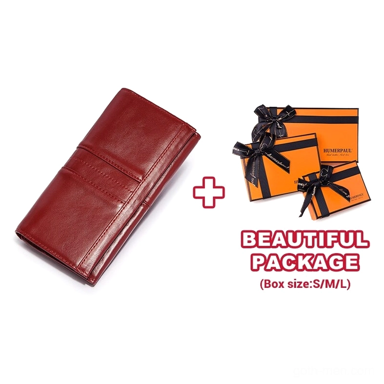 Burgundy red smooth leather long wallet clutch with branded gift packaging set, perfect for gothic aesthetic gift presentation
