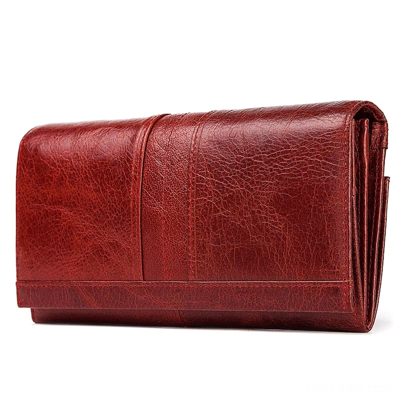 Burgundy red genuine leather gothic wallet clutch displaying side profile with decorative stripe detailing and authentic aging patina