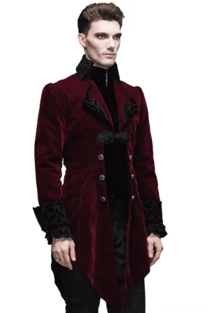 Men's burgundy velvet gothic tailcoat with black embroidered lapels and metal buttons, front three-quarter view