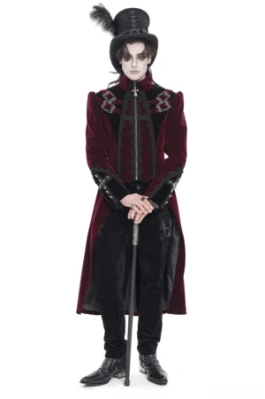 Burgundy velvet gothic tailcoat front view with ornate lace trim, puffed sleeves, and cross hardware on model wearing feather top hat
