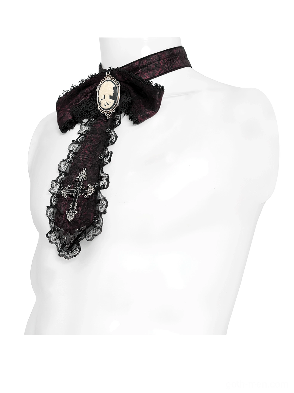 Tilted mannequin display of draped burgundy Gothic lace cravat with ornate cross and cameo