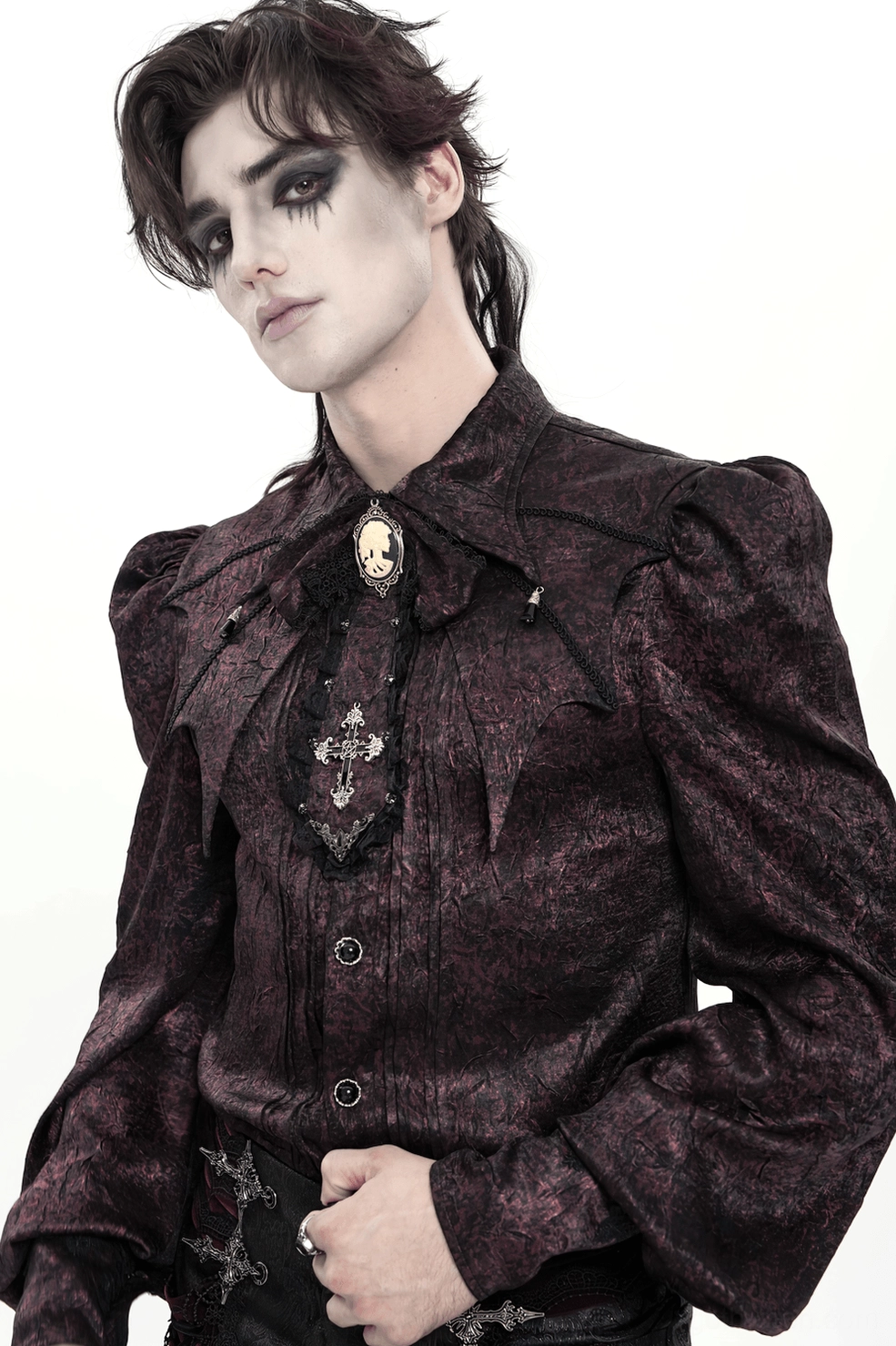 Main product view of burgundy cameo cross Victorian Gothic lace cravat necktie