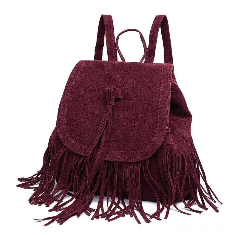 Burgundy wine red goth tassel backpack with all-over fringe trims and tassel knot decoration, dark alternative fashion