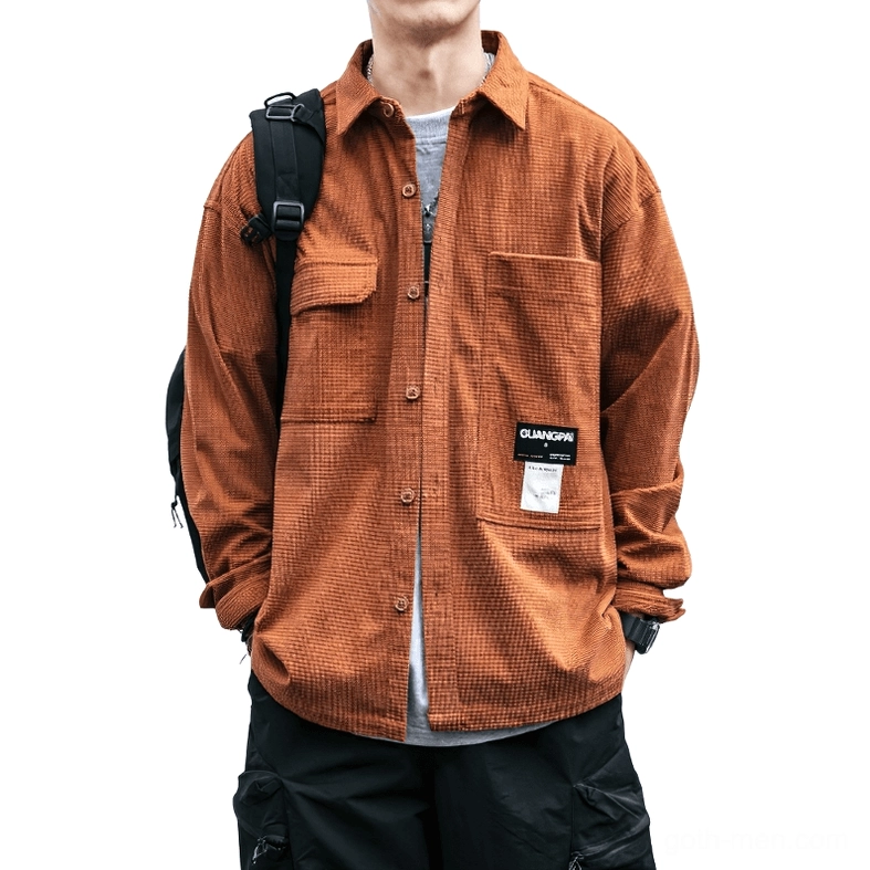 Burnt orange waffle plaid gothic shirt worn with backpack - alternative outdoor styling