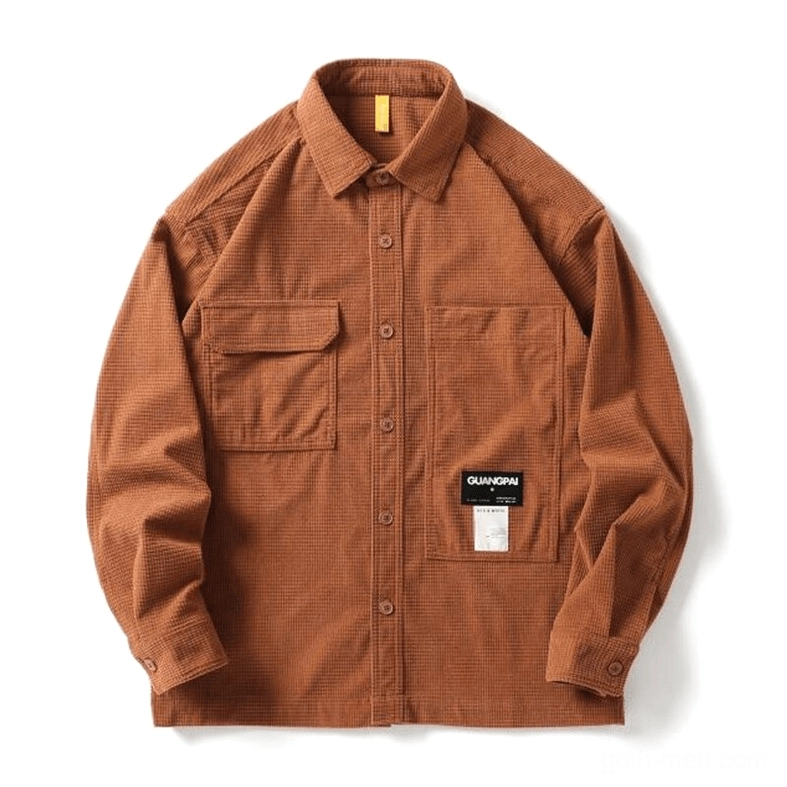 Burnt orange waffle plaid gothic shirt flat lay - loose sleeves and chest flap pockets