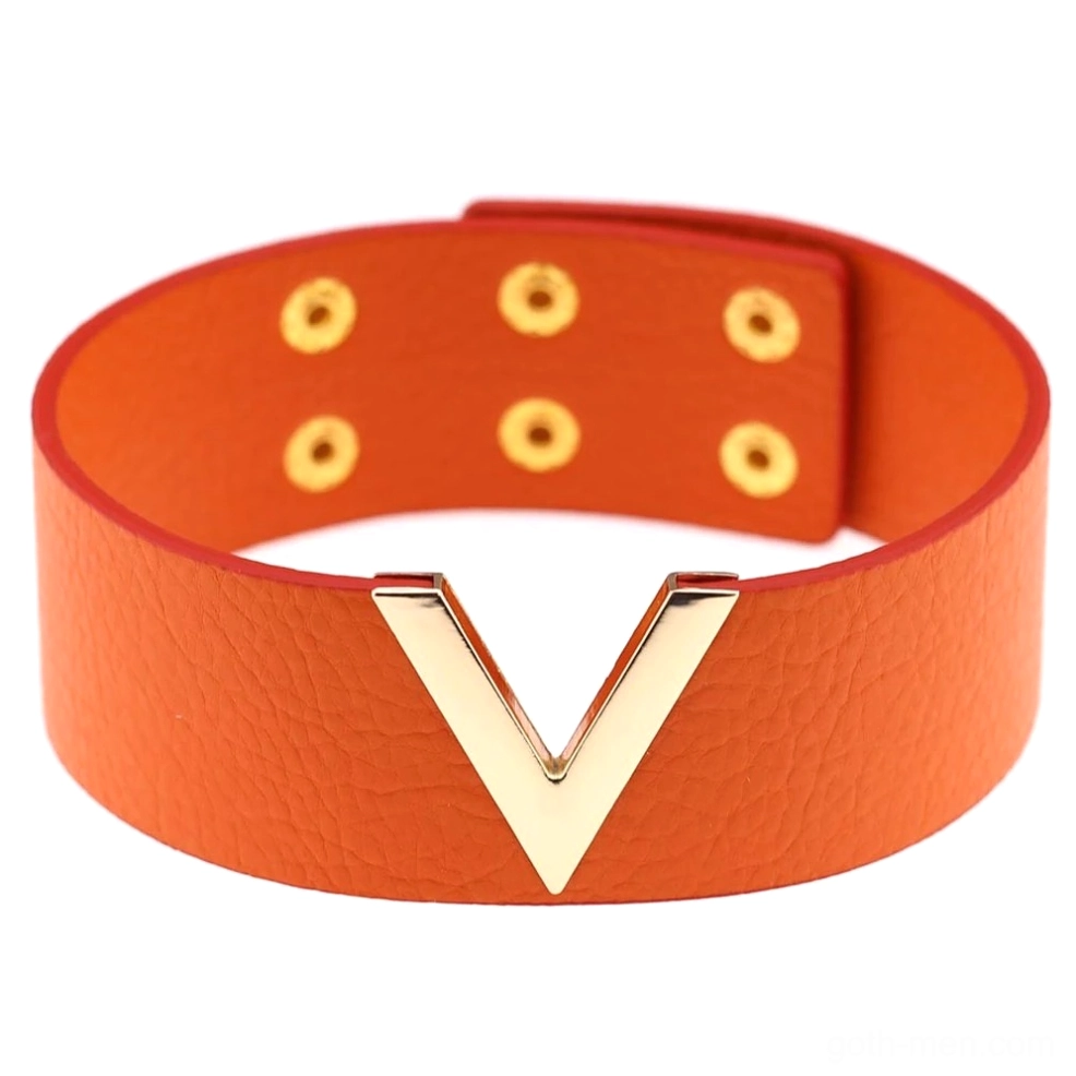Burnt orange leather V-choker with adjustable gold eyelet straps - gothic punk collar