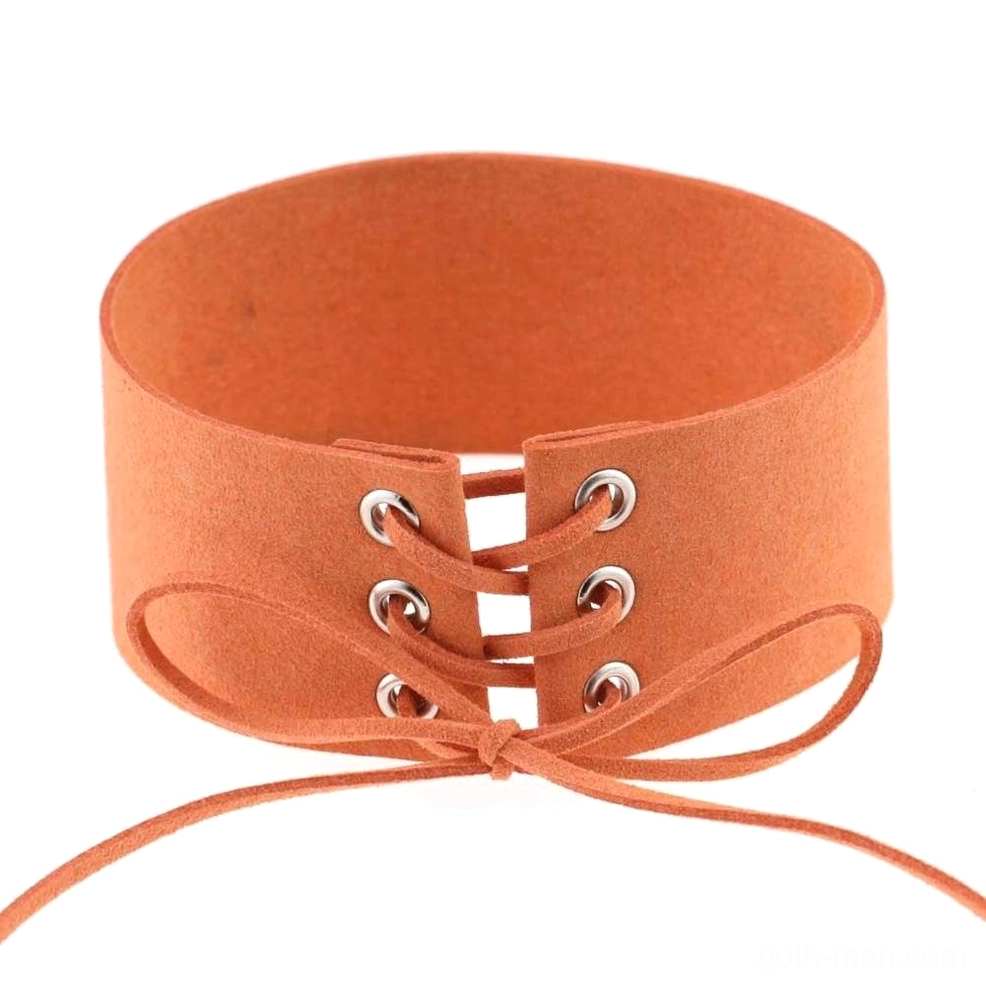 Burnt orange suede velvet gothic choker with grommet lace-up and tied bow