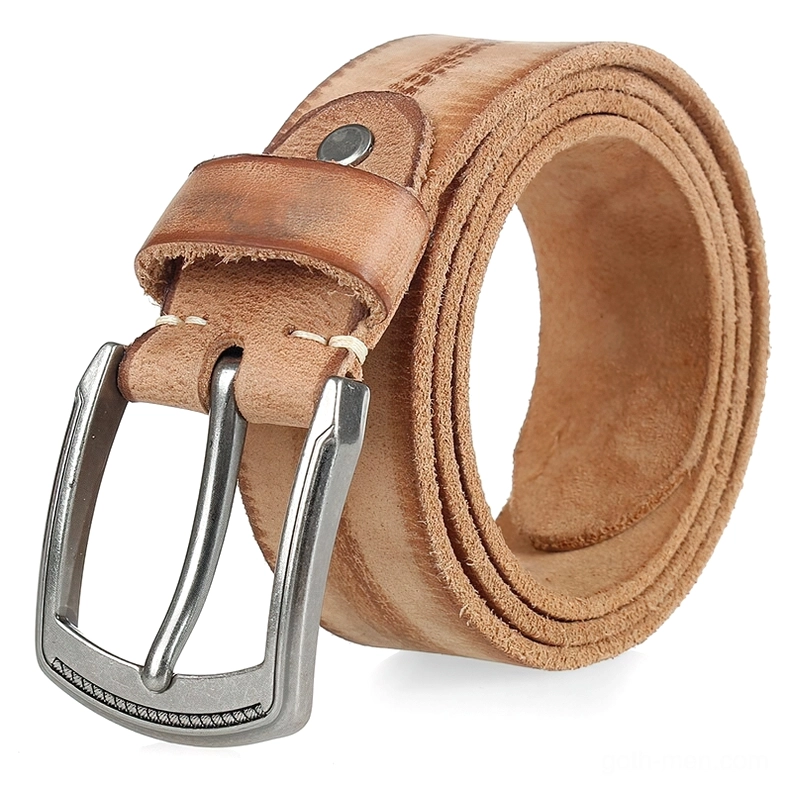 Light brown camel-colored vintage leather gothic belt with matte silver alloy buckle, displaying distressed cowhide texture and handcrafted construction