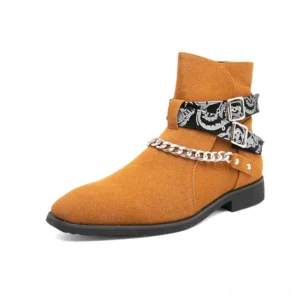 Tan camel faux suede gothic ankle boots side profile showing pointed toe and decorative buckle strap details
