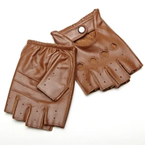 Camel brown sheepskin leather fingerless gloves for men, showing circular perforation details and snap button wrist strap