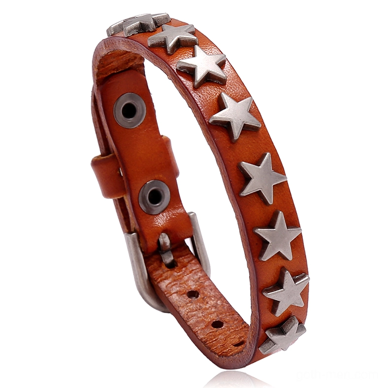 Camel tan PU leather bracelet with dense silver star accents, polished finish and elegant aesthetic
