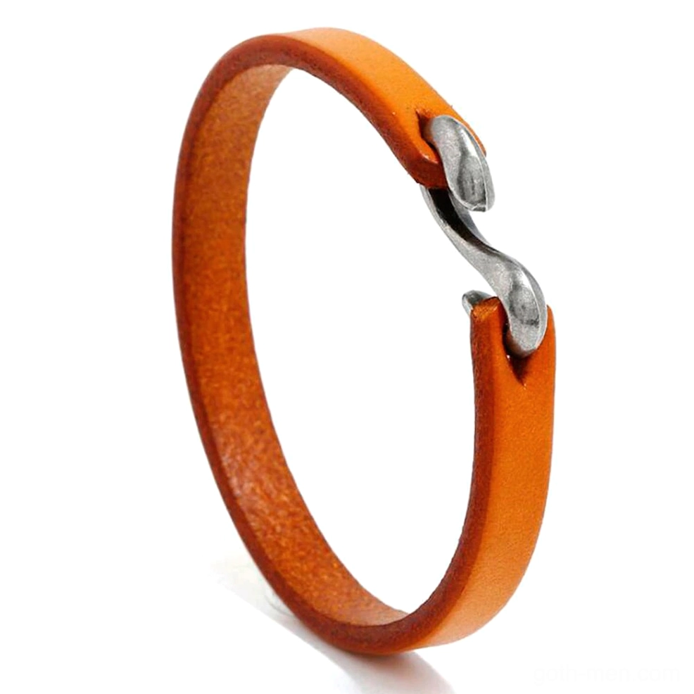 camel tan genuine leather narrow cuff bracelet with silver hook closure - goth fashion accessory