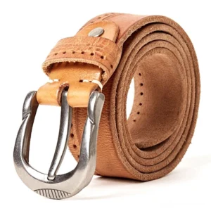 Camel tan vintage leather gothic belt with distressed texture and retro silver buckle, studio shot