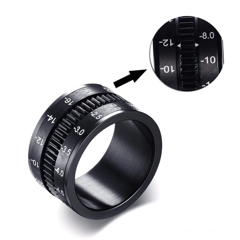 Gothic camera lens spinner ring side profile showing rotatable band mechanism and matte black finish