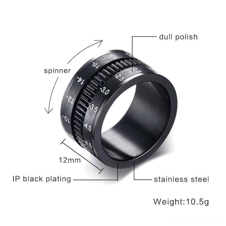 Camera lens ring specifications - IP black plating stainless steel 12mm width gothic industrial jewelry
