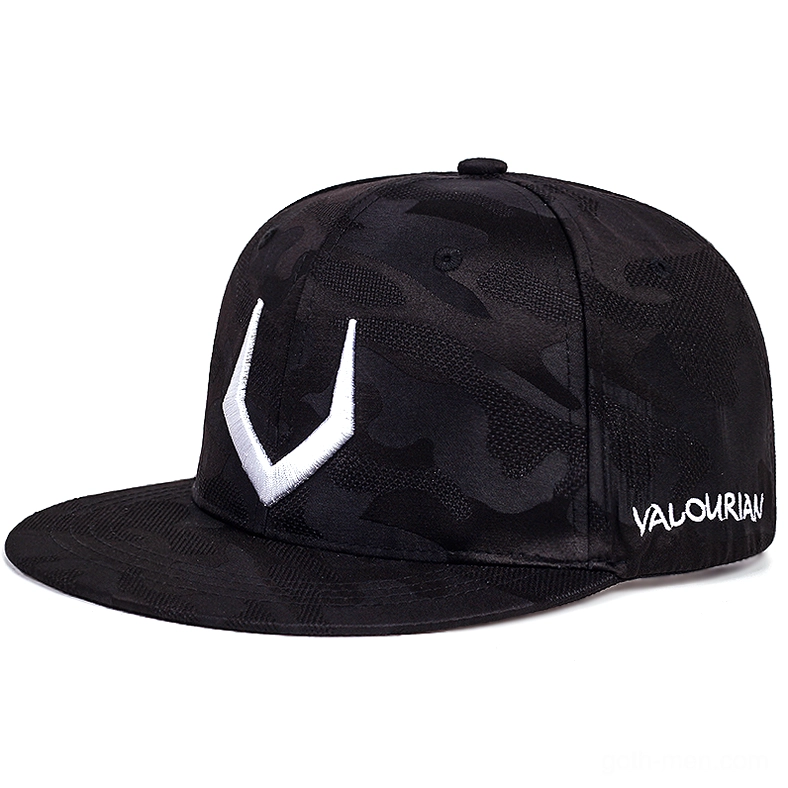 Black camouflage gothic baseball cap with white 3D embroidered V symbol and brand details, left side perspective