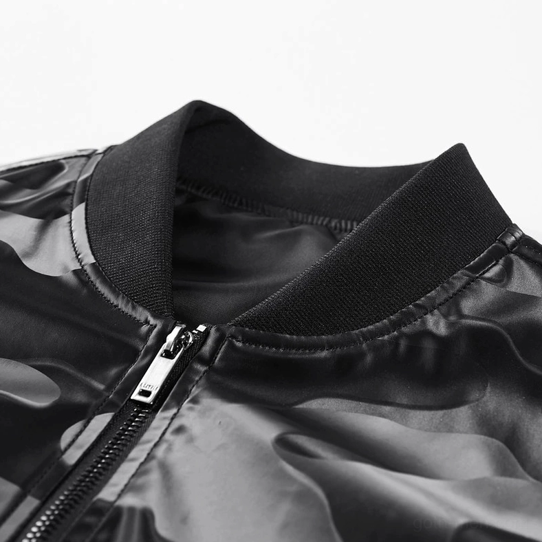 Close-up detail of black camouflage PU leather bomber jacket ribbed stand collar and metal zipper hardware with shiny leather texture