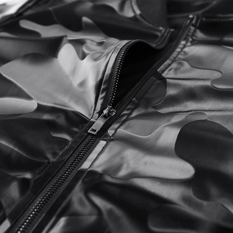 Close-up detail of camouflage PU leather bomber jacket front metal zipper placket showing smooth precision teeth and shiny leather surface