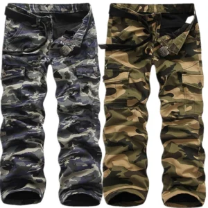 Two camouflage cargo pants comparison, woodland khaki and gray camo patterns, loose fit tactical trousers