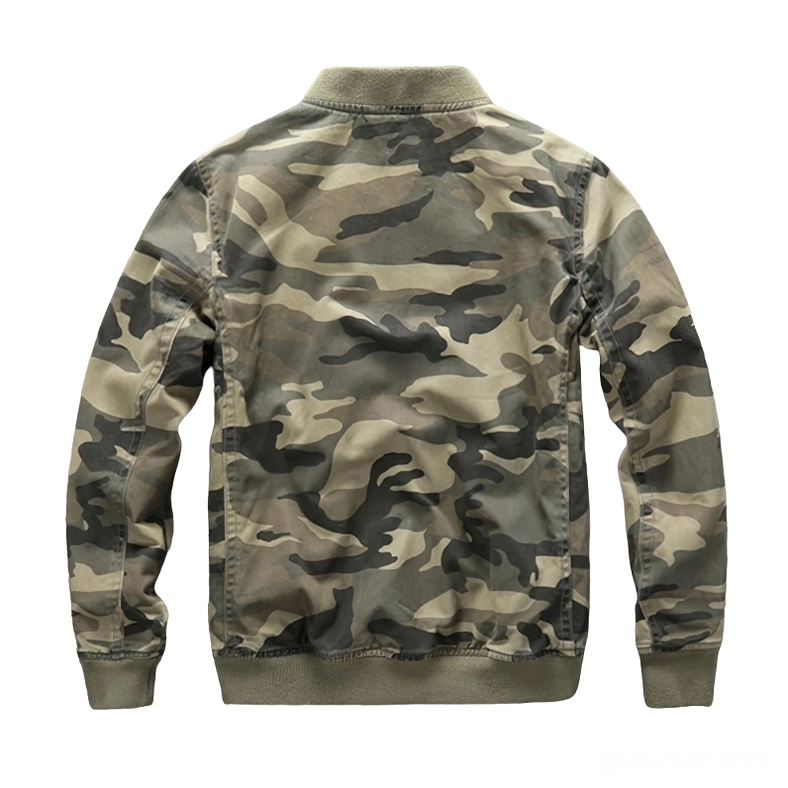 Camo denim jacket back view showing full camouflage print, ribbed collar and cuffs, rear flat lay photography