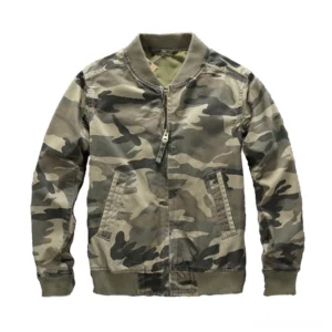 Dark camo denim zip jacket front view flat lay, military camouflage print with ribbed collar and metal zipper closure