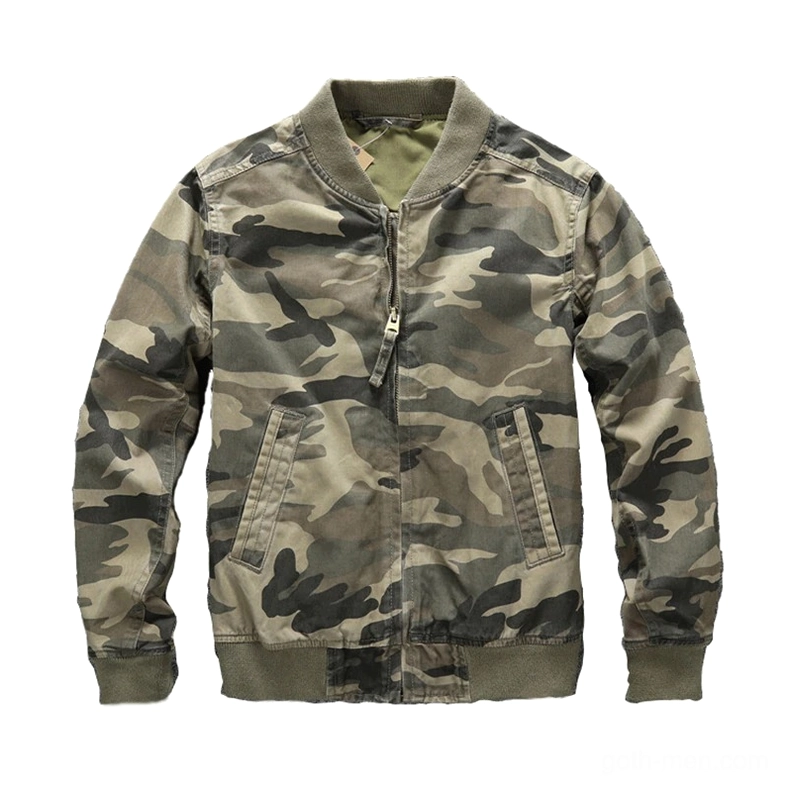Dark camo denim zip jacket front view flat lay, military camouflage print with ribbed collar and metal zipper closure
