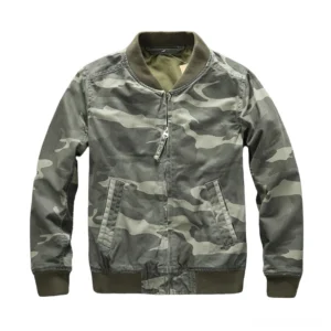 Light camouflage pattern denim zip jacket front view, subdued camo print with metal zipper and ribbed cuffs