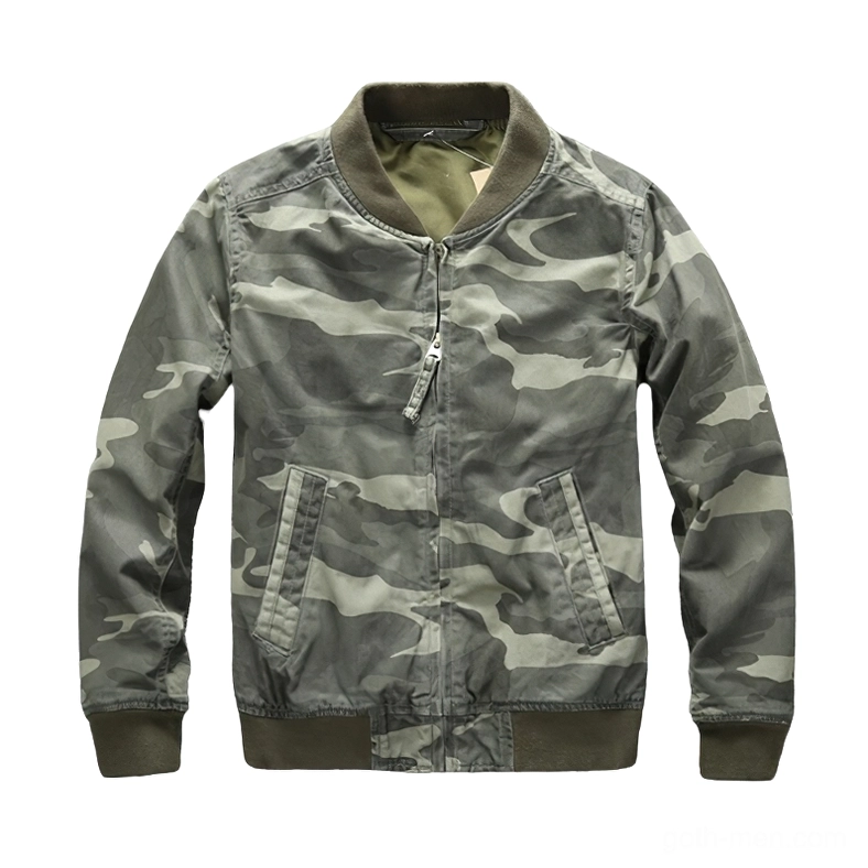 Light camouflage pattern denim zip jacket front view, subdued camo print with metal zipper and ribbed cuffs
