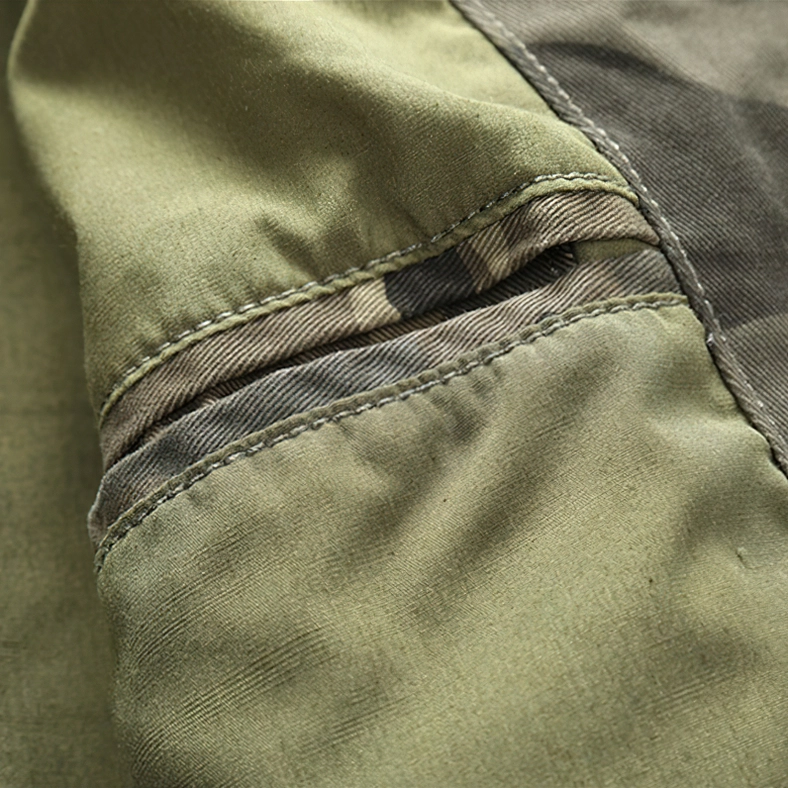 Camouflage denim zip jacket side pocket detail and fit, functional design showing hidden pocket placement
