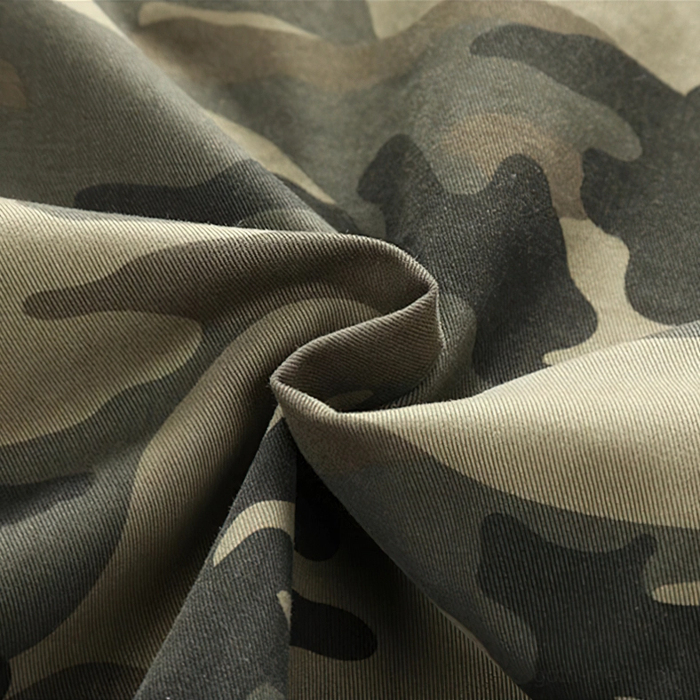 Camo denim zip jacket ribbed cuff detail showing quality construction and fabric texture up close
