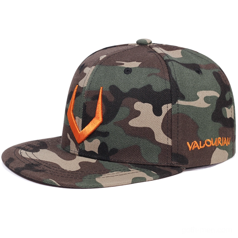 Camouflage pattern gothic baseball cap featuring orange 3D embroidery and dark aesthetic branding, front angle view