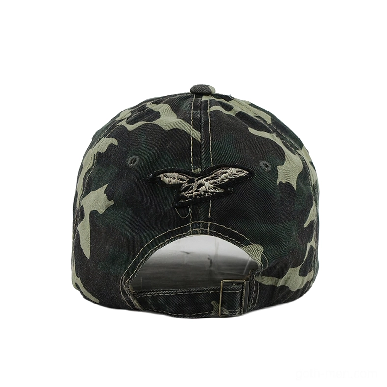Camouflage vintage gothic cap with eagle embroidery and adjustable strap closure, rear view