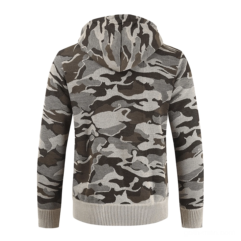 Back view of brown-gray camouflage hooded cardigan showing ribbed cuffs, hem design, and fleece lining construction