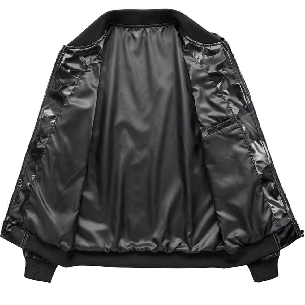 Black camouflage PU leather bomber jacket interior view, overhead flat lay revealing matte satin lining and inner storage pocket