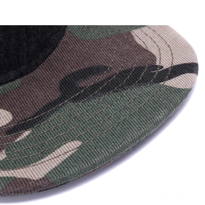Camouflage brim close-up of gothic snapback cap, highlighting corduroy fabric texture and precision stitching details