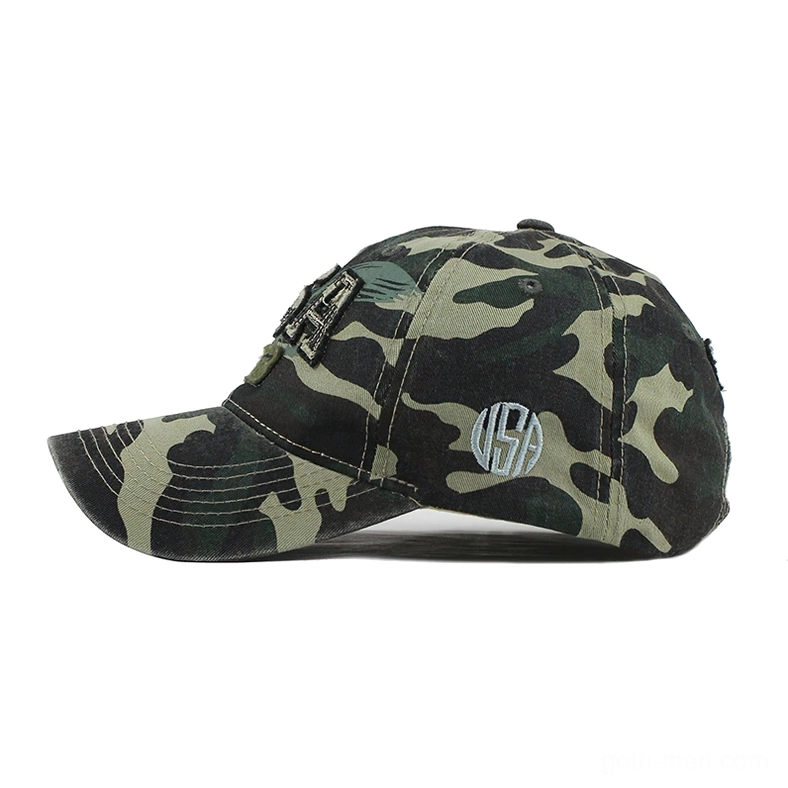Camo vintage baseball cap with side USA logo and contrast stitching, rear side angle view