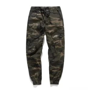 Camouflage cargo pants front flat lay, showing flap pockets and elastic tapered hem