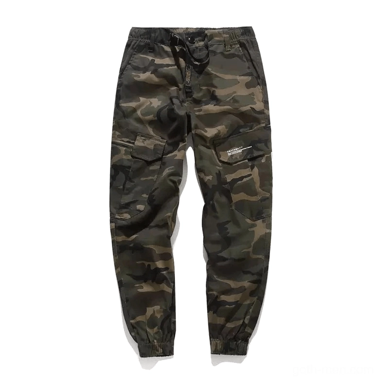 Camouflage cargo pants front flat lay, showing flap pockets and elastic tapered hem