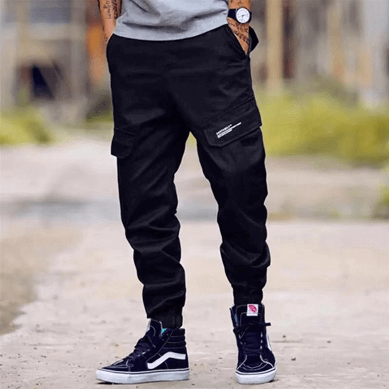 Camouflage cargo pants full body length view showing overall proportion and fit