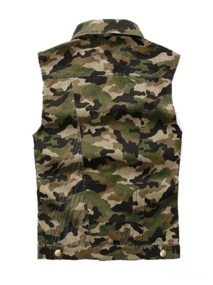 Camouflage denim vest back view showing collar and metal snap fasteners