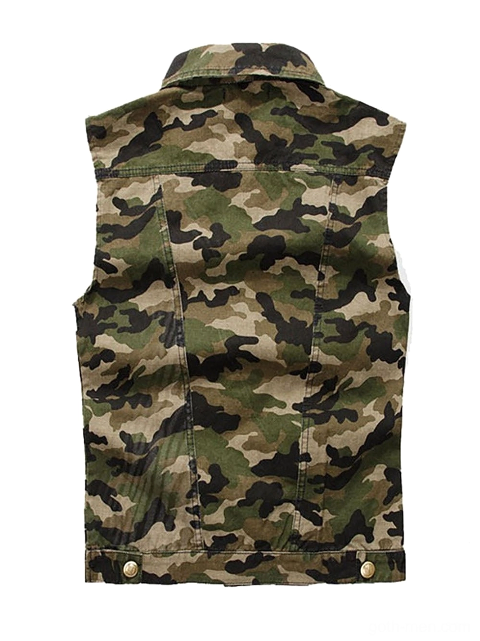 Camouflage denim vest back view showing collar and metal snap fasteners