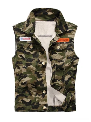 Camouflage denim vest front view with embroidered badge patches and single-breasted button closure