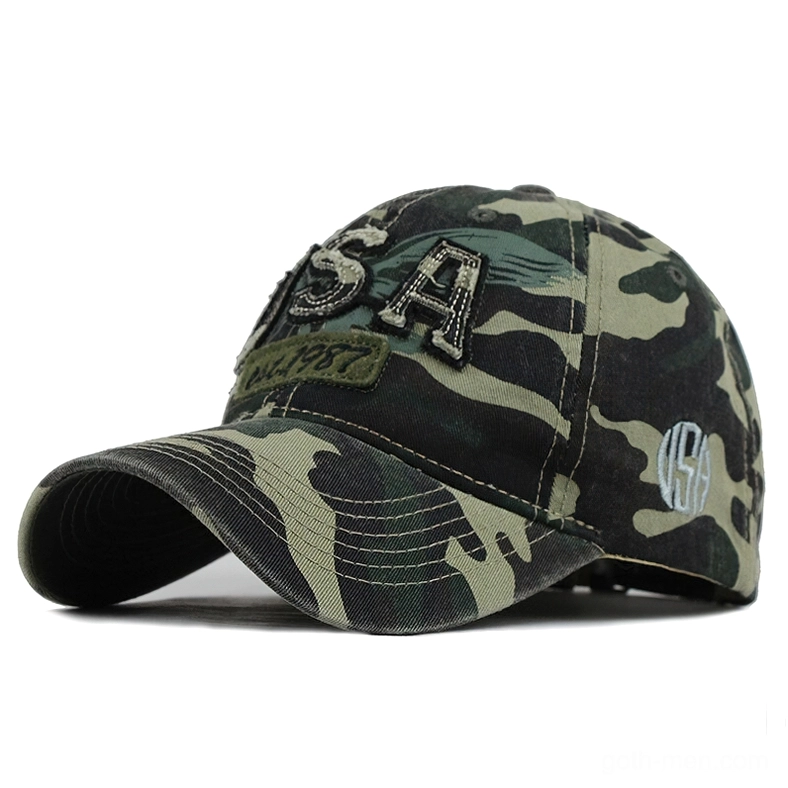 Camouflage vintage baseball cap with USA embroidery and est.1987 tag, camo cotton fabric side view