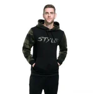 Men's camouflage colorblock gothic hoodie front view with STYLE print and kangaroo pocket on male model
